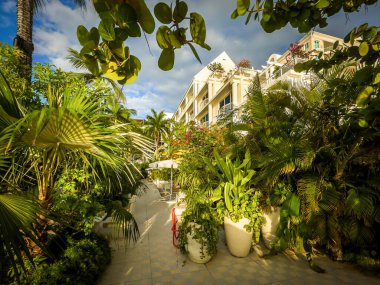 Grand Cayman, Cayman Adaları, 11 Haziran 2023, Palm Heights 'ta dinlenme alanı, Seven Mile Beach' te bir butik otel.