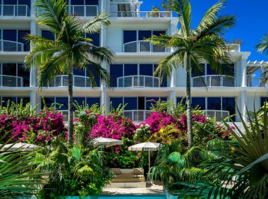 Grand Cayman, Cayman Adaları, 5 Ağustos 2023, Palm Heights 'taki yüzme havuzu manzarası, Seven Mile Beach' teki butik bir otel.