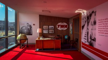 New York City, USA, May 1st 2024, view of a reproduction of a TWA office in J.F.K. International airport leading to the TWA hotel clipart