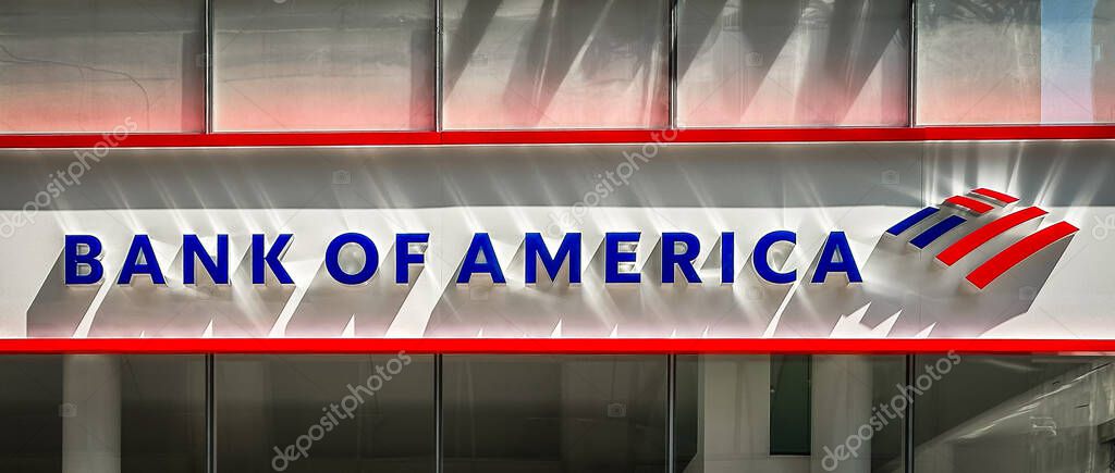 New York City, USA, May 1st 2024, Close up of Bank of America sign at 6th Ave and W 33rd St, Manhattan