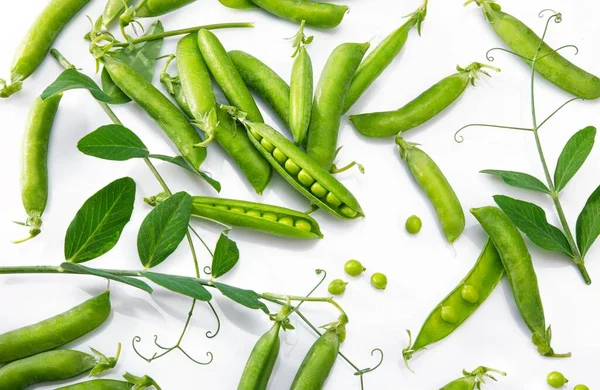 Zelený Hrášek Větvičkami Lusky Zeleninové Zátiší Izolované Bílém Pozadí — Stock fotografie