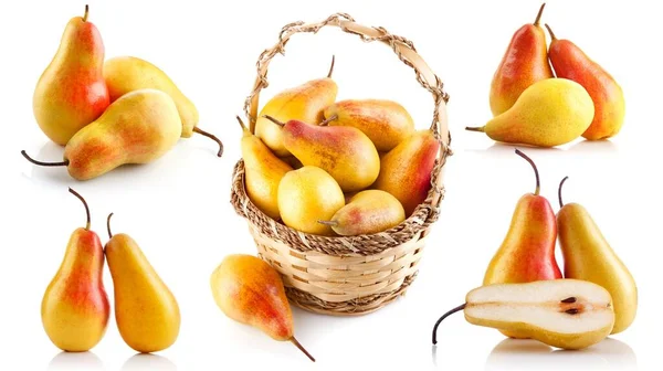 白い背景に孤立した新鮮な梨の果実のコラージュミックスセット — ストック写真