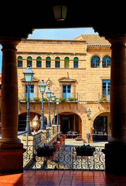 stock image Barcelona, Spain. Traditional Spanish village (Poble Espanyol) architecture of the ancient medieval streets with lanterns.