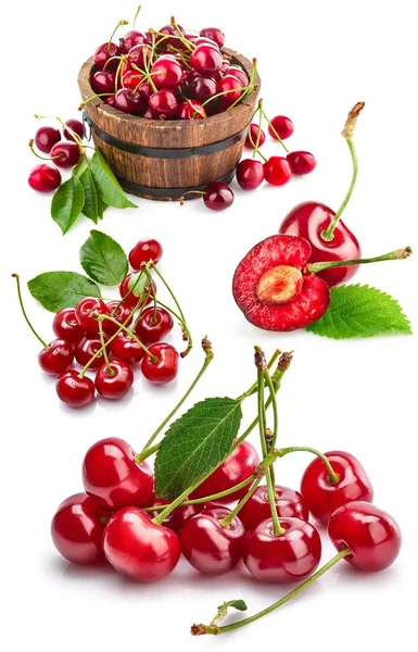 Collage Mix Set Fresh Cherry Berries Green Leaf Isolated White — Stock Photo, Image