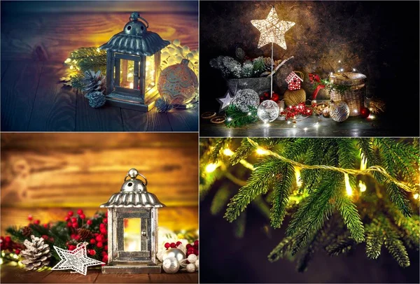 Collage Mix Set Lanterna Natale Con Abete Fili Lame — Foto Stock