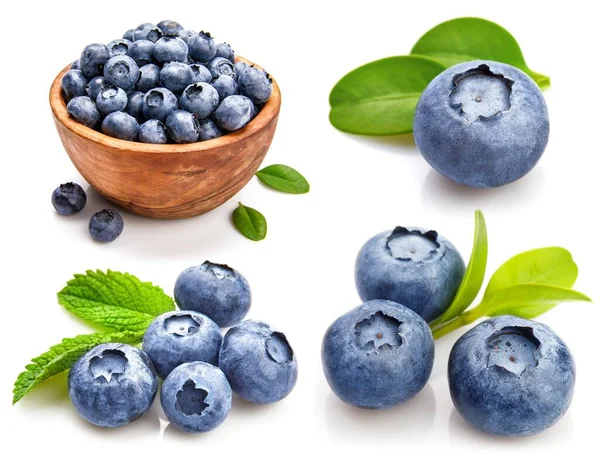 Σύνολο Μίξης Κολλαγόνου Berry Blueberry Ξύλινα Και Πράσινα Φύλλα Φρέσκα — Φωτογραφία Αρχείου