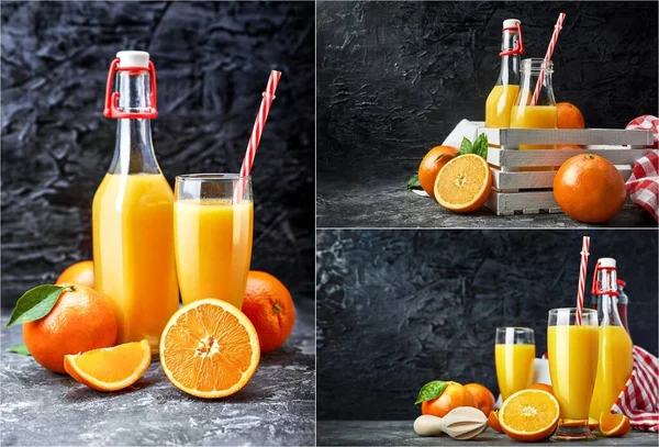 Collage Mix Set Med Färskpressad Apelsinjuice Glasflaska Med Sugrör Fruktig — Stockfoto
