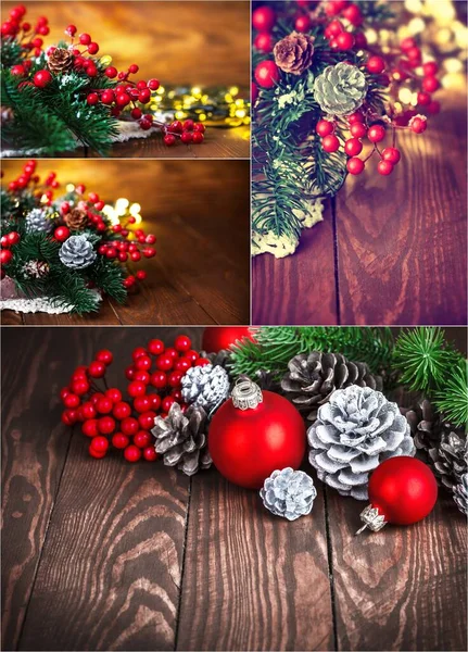 Collage Mix Set Vánoční Jedle Pinecone Girland — Stock fotografie