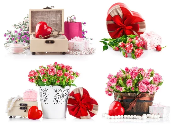 Collage Mix Sada Červené Srdce Klíčem Krabici Izolované Bílém Pozadí — Stock fotografie