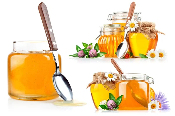 Collage Mix Set Sweet Honey Glass Jars Spoon Flowers Isolated — Stock Photo, Image