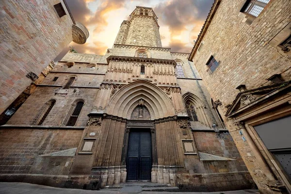 stock image Gothic cathedral in Barcelona, Catalonia, Spain. Entrance in Barcelona Cathedral with tower. Ancient architecture of old town with medieval houses. Blue evening sky with clouds and antique street lamp.
