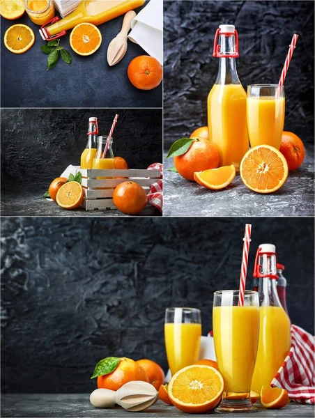 Zestaw Kolażu Świeżo Wyciśnięty Sok Pomarańczowy Szklanej Butelce Słomką Owocowa — Zdjęcie stockowe