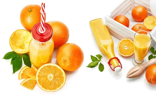 Zestaw Kolaż Świeżego Soku Pomarańczowego Owocami Zielonymi Liśćmi Szklance Może — Zdjęcie stockowe