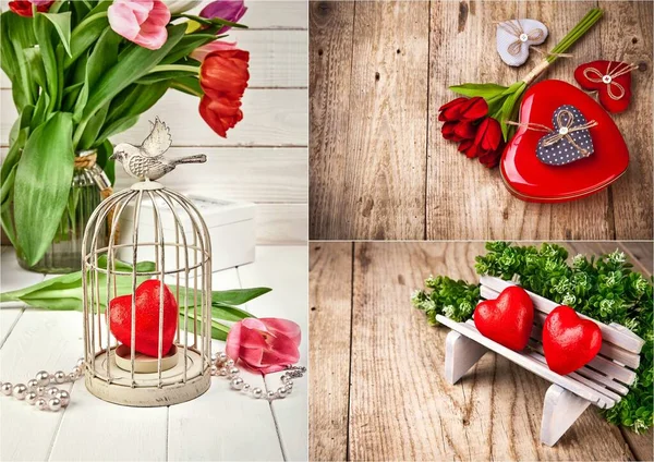 Collage Mix Készlet Piros Szív Ajándék Valentin Nap Fából Készült — Stock Fotó