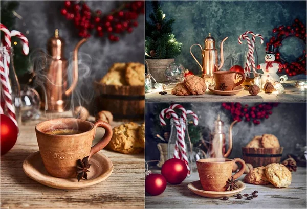 Zestaw Kolaż Mix Świąteczny Gorącą Kawę Ciasteczka Cukierki Karta Świąteczna — Zdjęcie stockowe