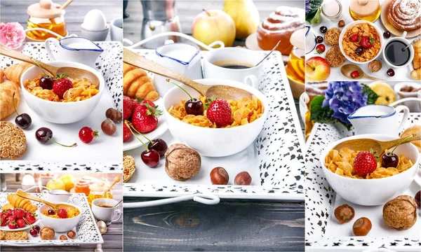 Collage Mix Set Breakfast Cornflakes Berry Honey Croissant Wooden Board — Stock Photo, Image