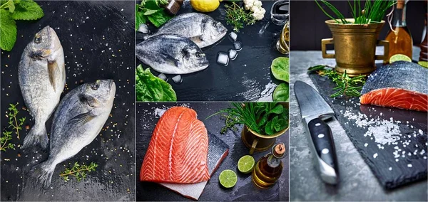 新鮮な魚のドラドトップビューのコラージュミックスセット スパイシーなハーブや野菜黒石板料理上の健康的な食品スパイス コピースペース — ストック写真