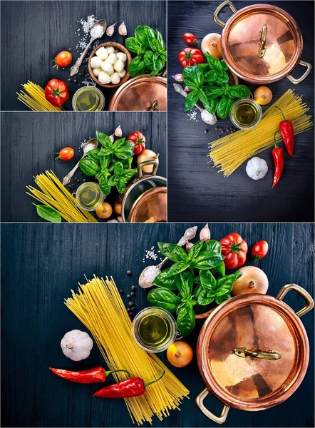 Miscela Collage Pasta Italiana Cucina Ingrediente Portata Nazionale Tavola Legno — Foto Stock