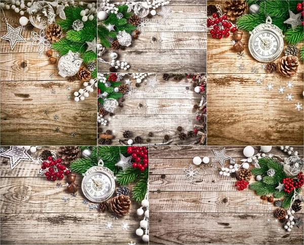 ピネコーンボールとクリスマス休暇の装飾のコラージュミックスセット 休日グリーティングカード 古い木製ボード素朴なスタイル コピースペースとトップビュー — ストック写真