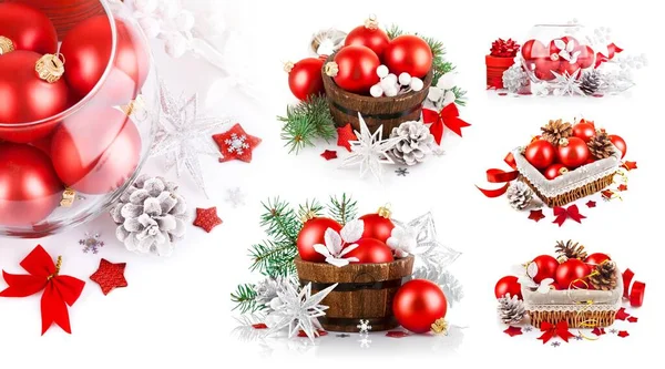 Collage Mix Set Christmas Tinsel Branch Firtree Red Balls Isolated — Stock Photo, Image