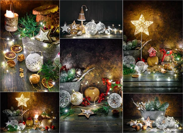 ボールやガーランドとクリスマス休暇の装飾のコラージュミックスセット グランジや木の板の背景にお祝いの照明と魔法のおとぎ話の素朴な組成物 — ストック写真