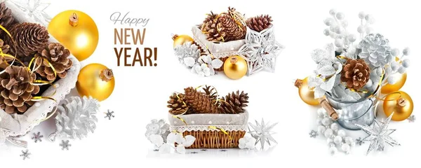 Collage Mix Set Christmas Decoration Pinecone Basket Isolated White Background — Stock Photo, Image