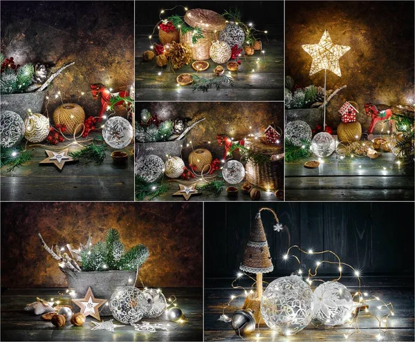 Σύνθεση Κολάζ Χριστουγεννιάτικη Διακόσμηση Έλατο Μπάλες Και Γιρλάντες Μαγική Παραμυθένια — Φωτογραφία Αρχείου