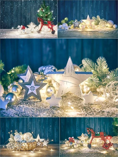 Conjunto Mistura Colagem Cartão Natal Com Bolas Abeto Vermelho Cavalo — Fotografia de Stock
