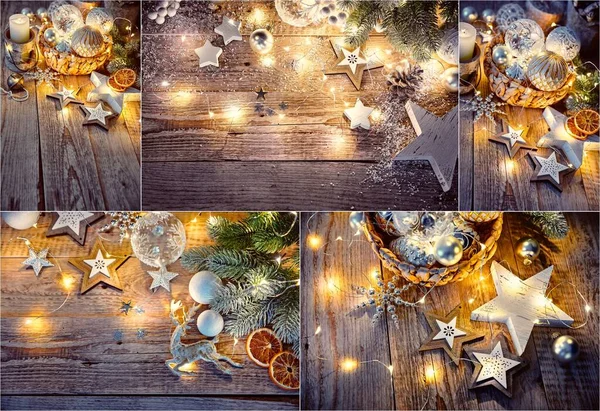 Conjunto Mistura Colagem Decoração Natal Estilo Vintage Velho Tabuleiro Madeira — Fotografia de Stock
