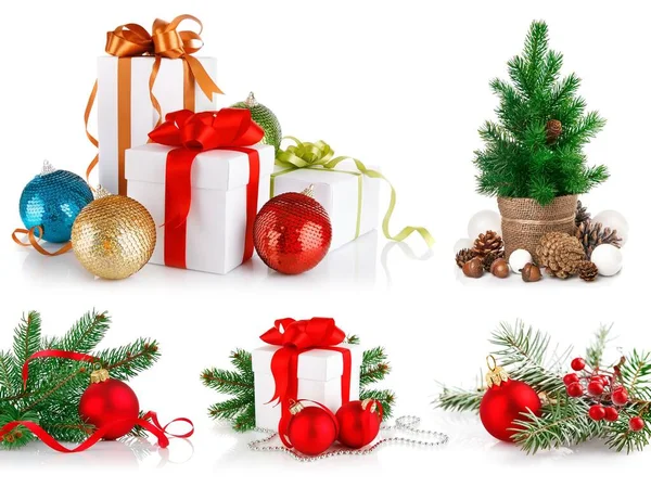 Collage Mix Set Christmas Red Ball Branch Firtree Snow Isolated — Stock Photo, Image
