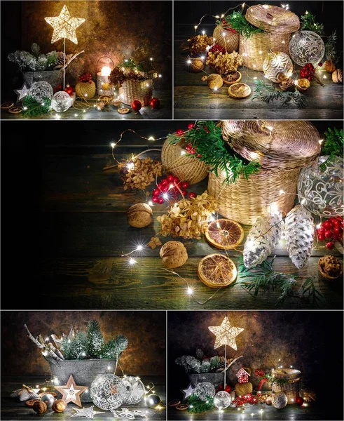輝く星 ボールとガーランドとヴィンテージのおもちゃとクリスマス休暇の装飾のコラージュミックスセット グランジや木の板の背景にお祝いの照明と魔法のおとぎ話の素朴な組成物 — ストック写真