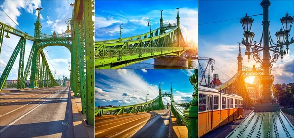 Collage mix set of Road at Freedom bridge on Danube river in Budapest city, Hungary.