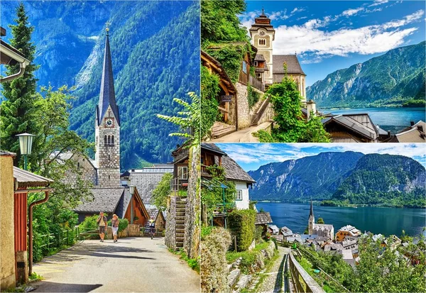 Collage Mix Sadu Hallstatt Horských Alpách Rakousko Ulice Starobylé Evropské — Stock fotografie