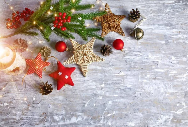 Decoração Natal Estilo Vintage Velho Tabuleiro Madeira Com Estrelas Bolas — Fotografia de Stock