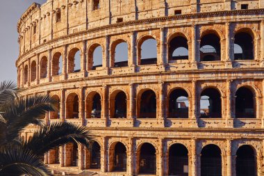 Rome, Italy. Roman Colosseum (Coliseum or Colosseo) ancient ruins of Flavian Amphitheatre. Arena for gladiator fightings. World famous landmark and very popular touristic destination vacation trip clipart