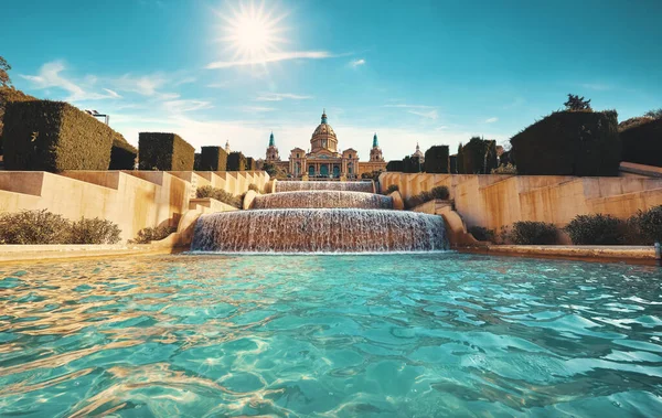 Barcelona Spain Magic Fountain Montjuic National Art Museum Catalonia Pool — Stockfoto