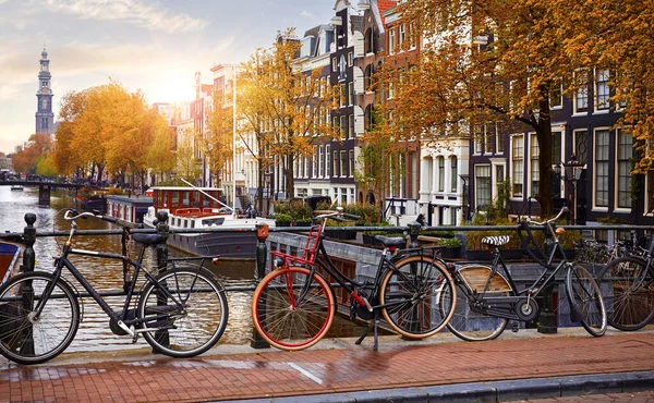 Bicicleta Sobre Canal Amsterdam Cidade Outono Folha Amarela Queda Paisagem — Fotografia de Stock