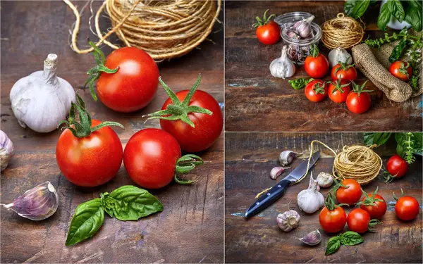 Conjunto Mistura Colagem Tomates Colheita Ervas Picantes Especiarias Velho — Fotografia de Stock