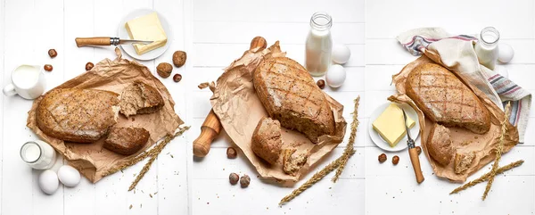 Collage Mix Set Fresh Bread Crispy Crust Butter Milk — Stock Photo, Image