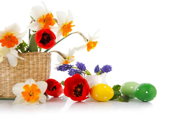 Velikonoční Vajíčka Jarními Květy Košíku Izolováno Bílém Bac Stock Snímky