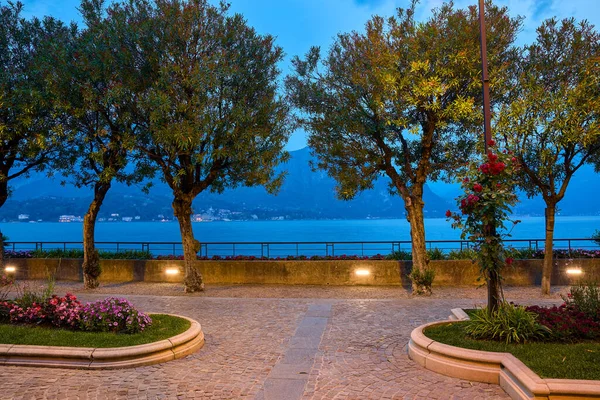 イタリアのコモ湖 ラグー コモの古い町 ベルガジオのレイクフロントウォークウェイ ロンバルディア地方 青い時間帯の夏の木と夜のイルミネーション 遊歩道 ストックフォト