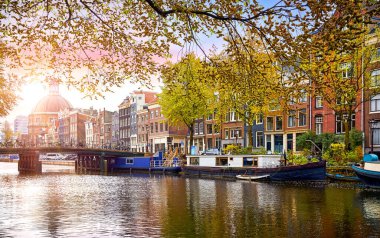 Amsterdam, Hollanda. Hollanda sonbaharının panoramik manzarası. Aile.