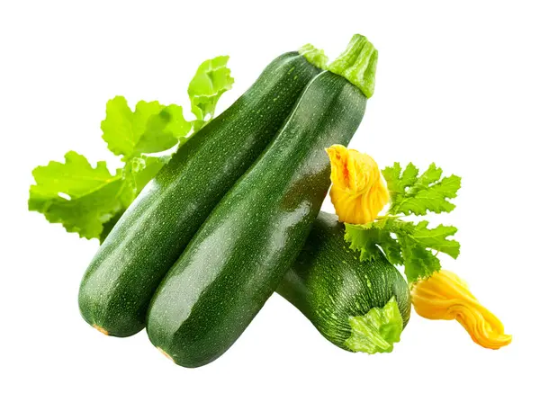 Fresh Zucchini Vegetables Green Leaves Yellow Flowers Royalty Free Stock Images