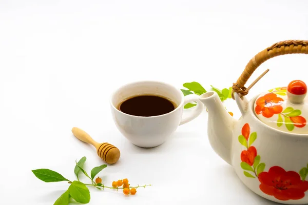 Varm Kaffe Espresso Med Blommor Arrangemang Platt Låg Vykort Stil — Stockfoto