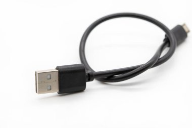 usb cord connect computer or telephone arrangement flat lay style on background white 