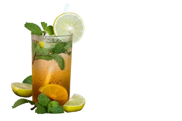 Cold Lemon Tea Herbal Drink Health Care Peppermint Background White — Stock Photo, Image
