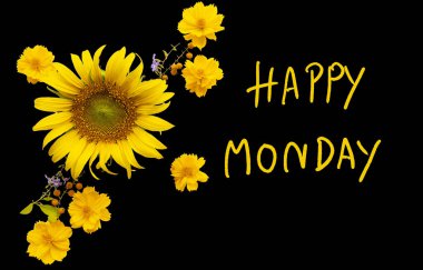 Mutlu pazartesi mesajı kartı el yazısı, çiçek, ayçiçeği, kozmos düzenleme düz arka plan siyah üzerine yatar kartpostal tarzı