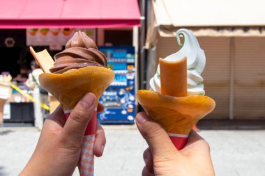 Elinde dondurma külahı olan bir kızın eli. Çikolata ve turistik yerlerde süt. Lezzetli.