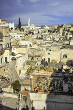 Matera 'nın muhteşem manzarası, Basilicata Bölgesi, İtalya