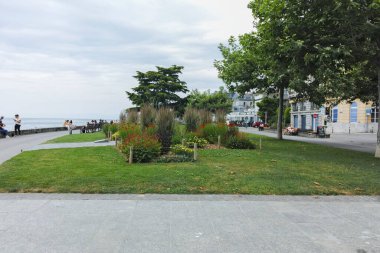 VEVEY, SWitzERLAND - 19 Haziran 2023 Vevey kasabasından Cenevre Gölü, Vaud Kantonu, İsviçre